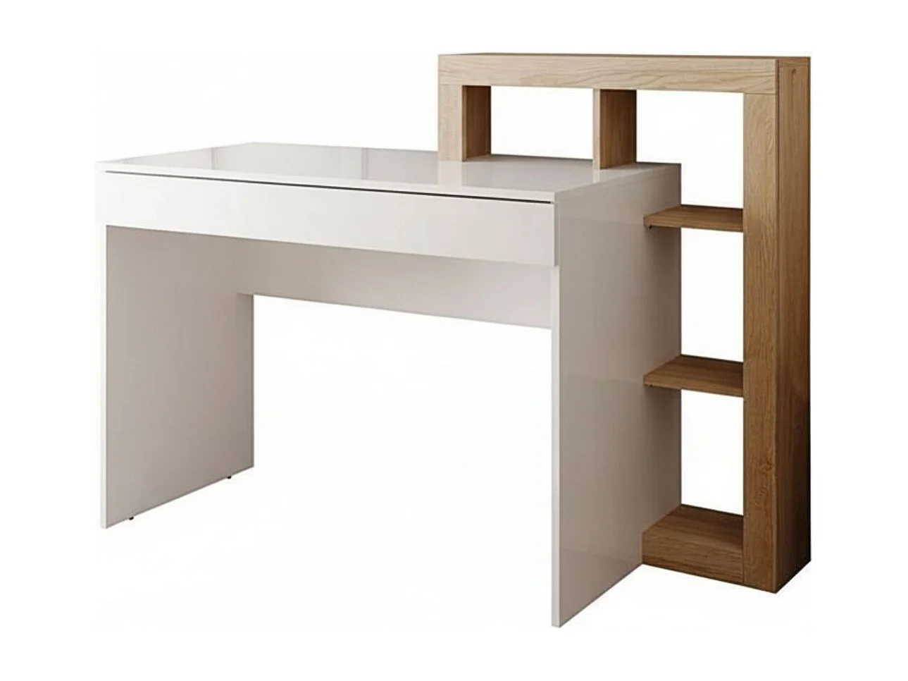 Coiffeuse 1 tiroir avec étagère décalées blanc laqué et aspect bois finition Cadiz - ARTURO