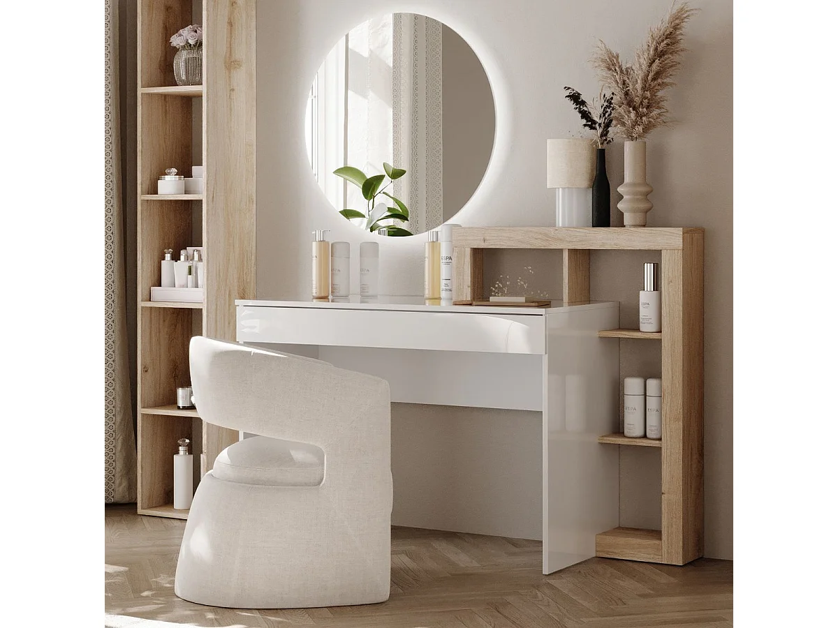 Coiffeuse 1 tiroir avec étagère décalées blanc laqué et aspect bois finition Cadiz - ARTURO