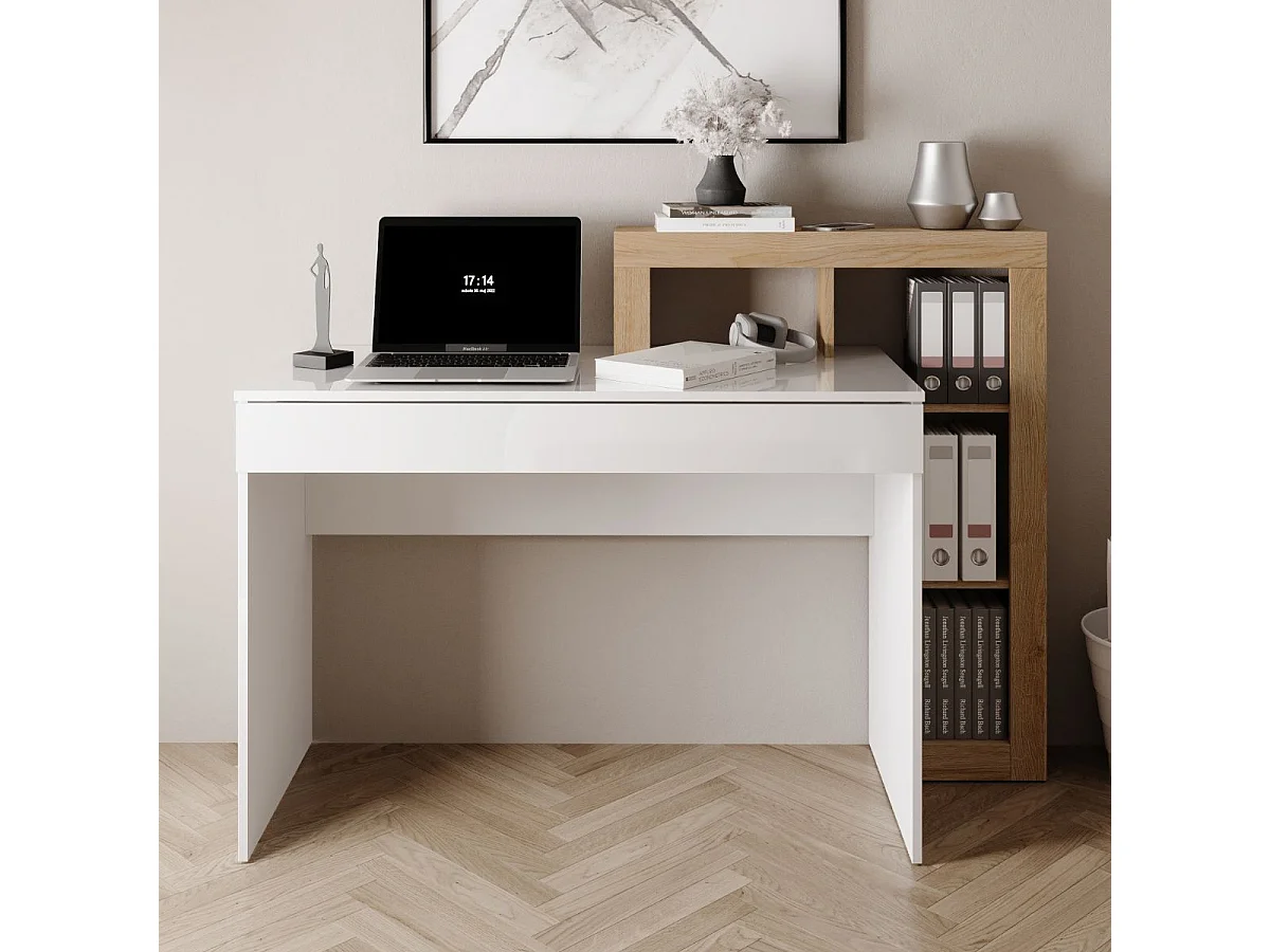 Coiffeuse 1 tiroir avec étagère décalées blanc laqué et aspect bois finition Cadiz - ARTURO