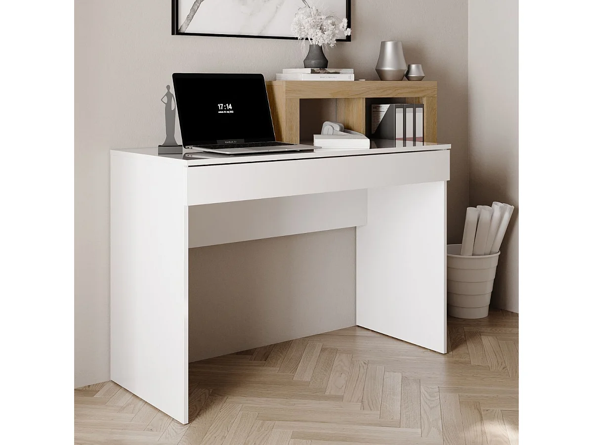 Coiffeuse 1 tiroir avec étagère décalées blanc laqué et aspect bois finition Cadiz - ARTURO