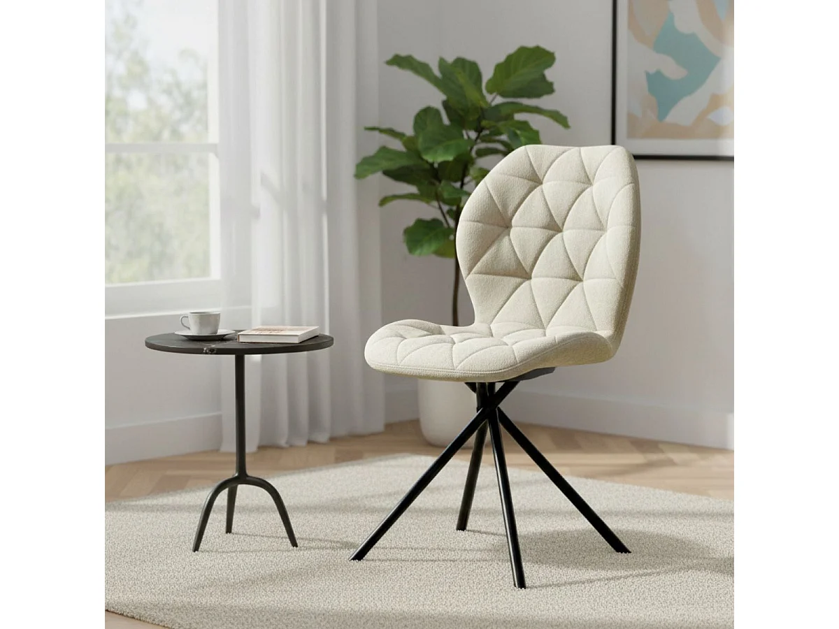 Lot de 4 chaises pivotantes en tissu déperlant beige avec piqûres décoratives losanges - NOLYA