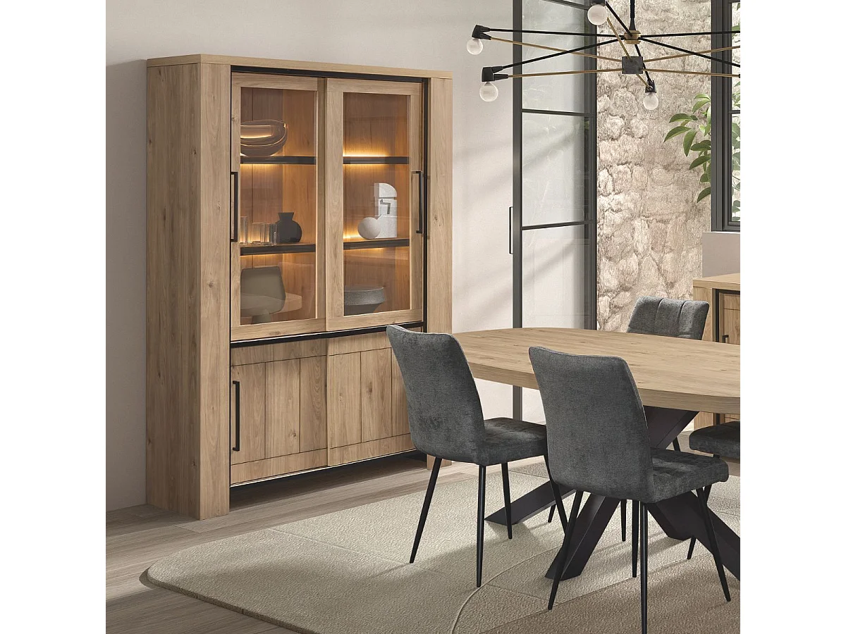 Argentier 4 portes coulissantes dont 2 vitrées avec éclairage leds aspect bois finition Castel Oak - SORIEL