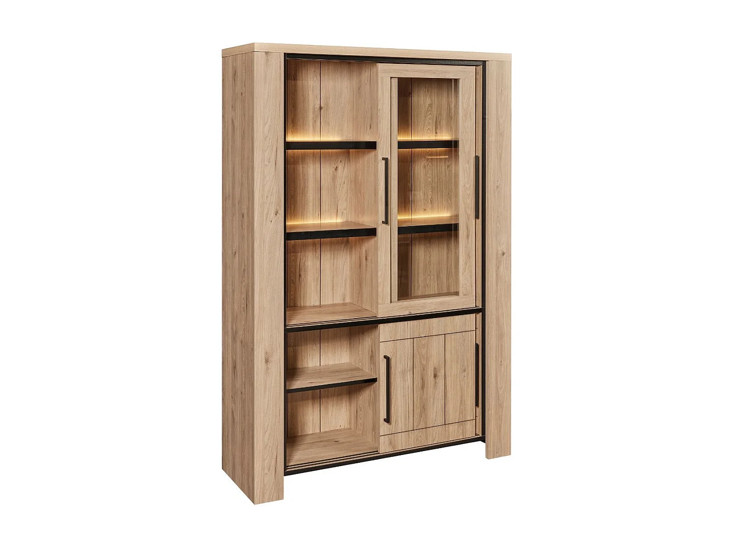 Argentier 4 portes coulissantes dont 2 vitrées avec éclairage leds aspect bois finition Castel Oak - SORIEL