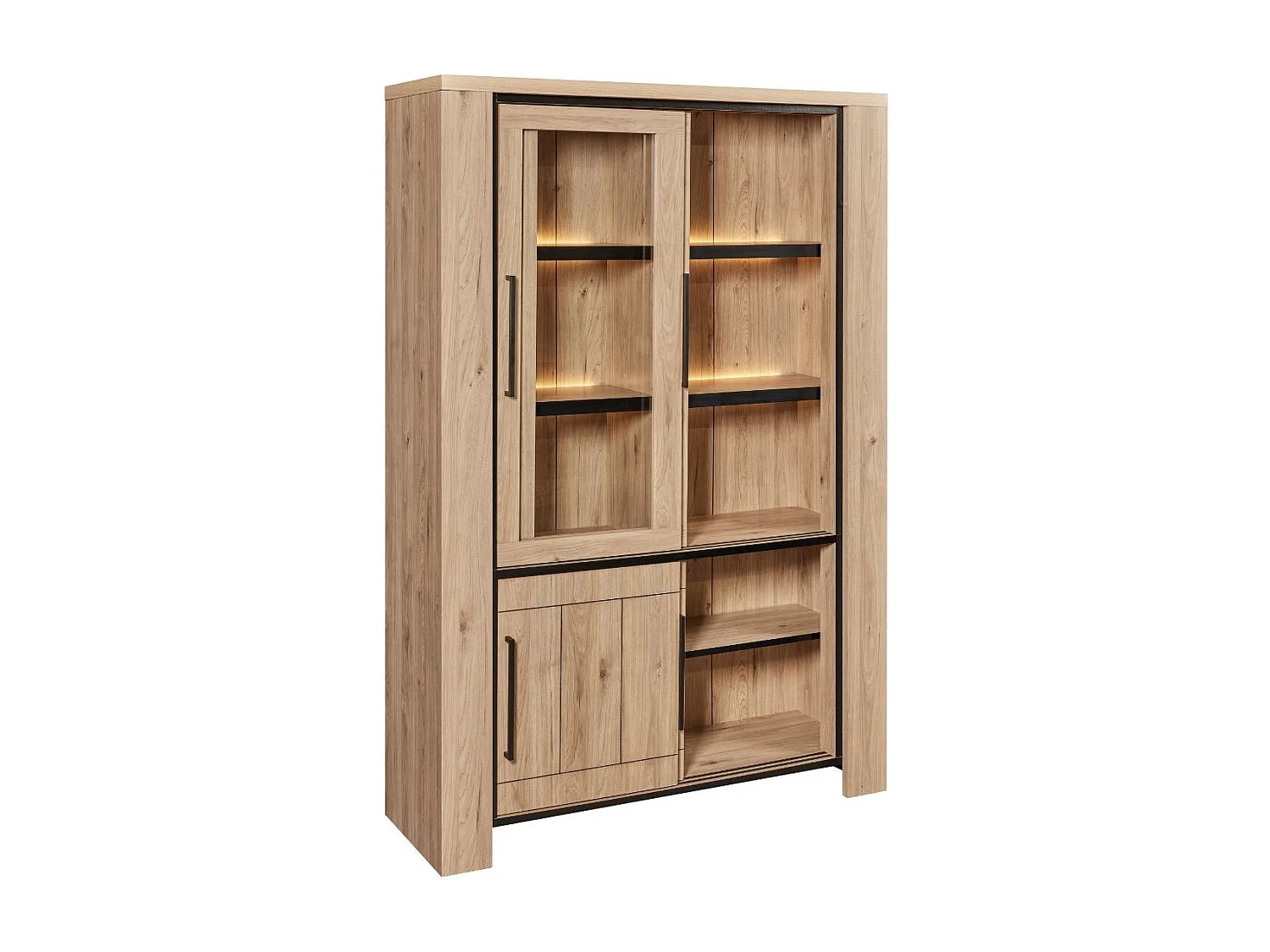 Argentier 4 portes coulissantes dont 2 vitrées avec éclairage leds aspect bois finition Castel Oak - SORIEL