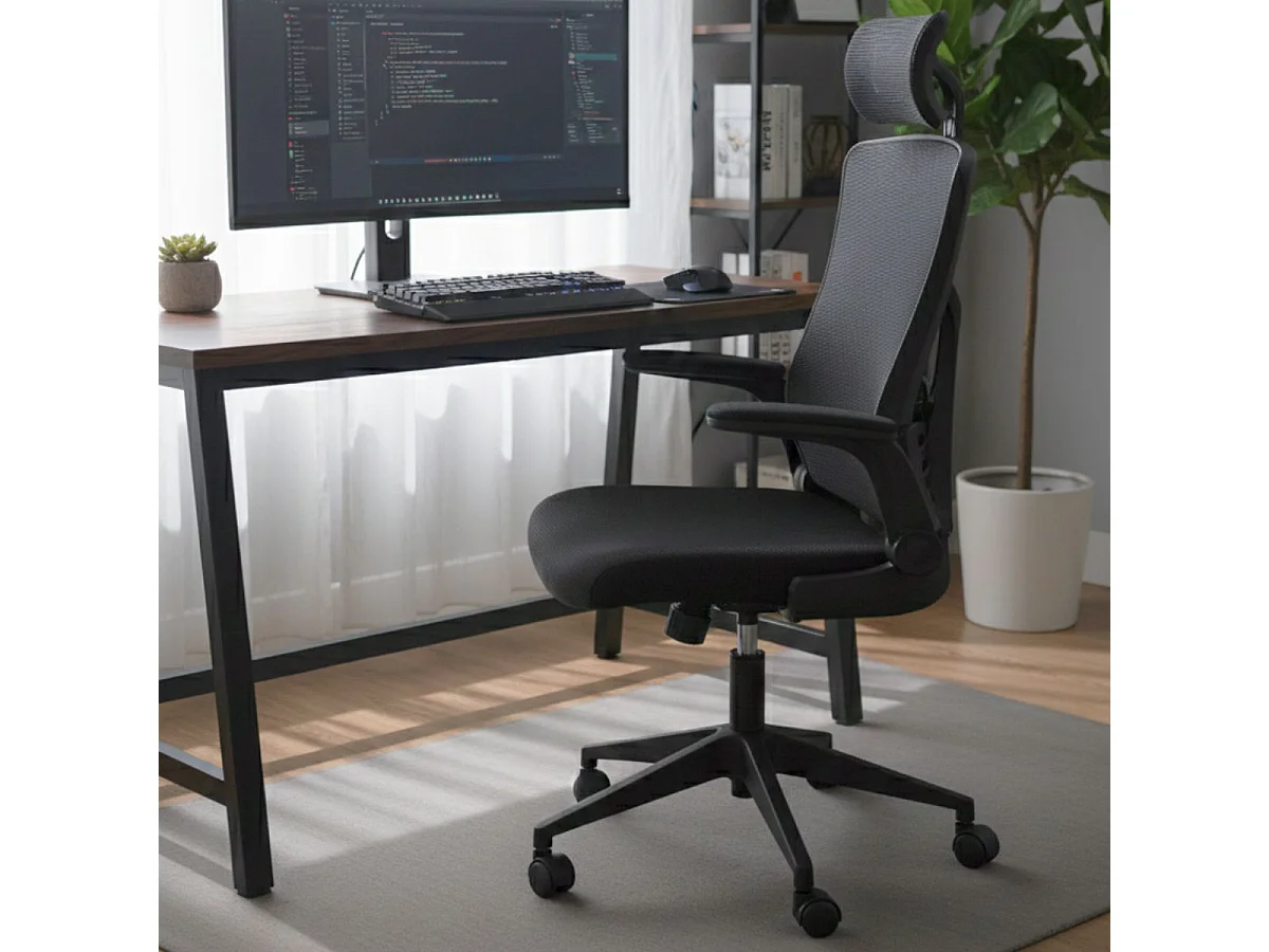 Fauteuil de bureau en maille noir avec appui-tête et accoudoirs réglables  - AXIUM