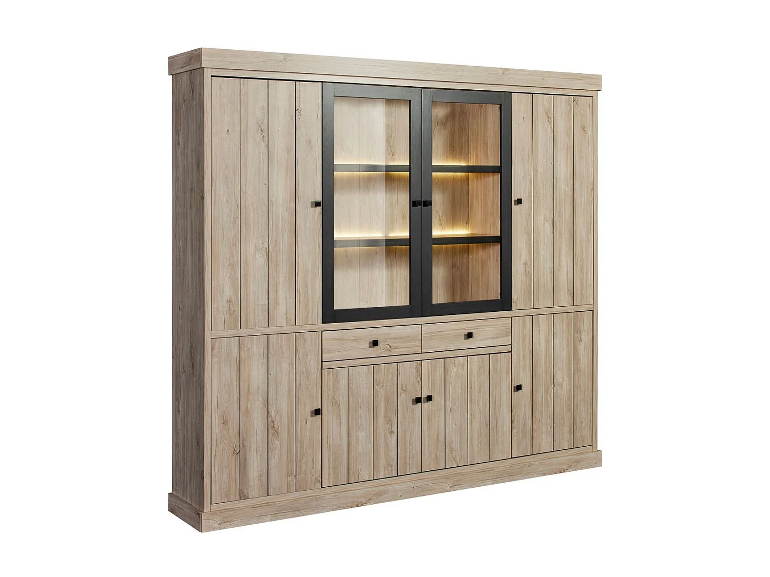 Bibliothèque 6 portes dont 2 vitrées et 2 tiroirs avec éclairage leds aspect bois finition Beach Oak - ROLYA