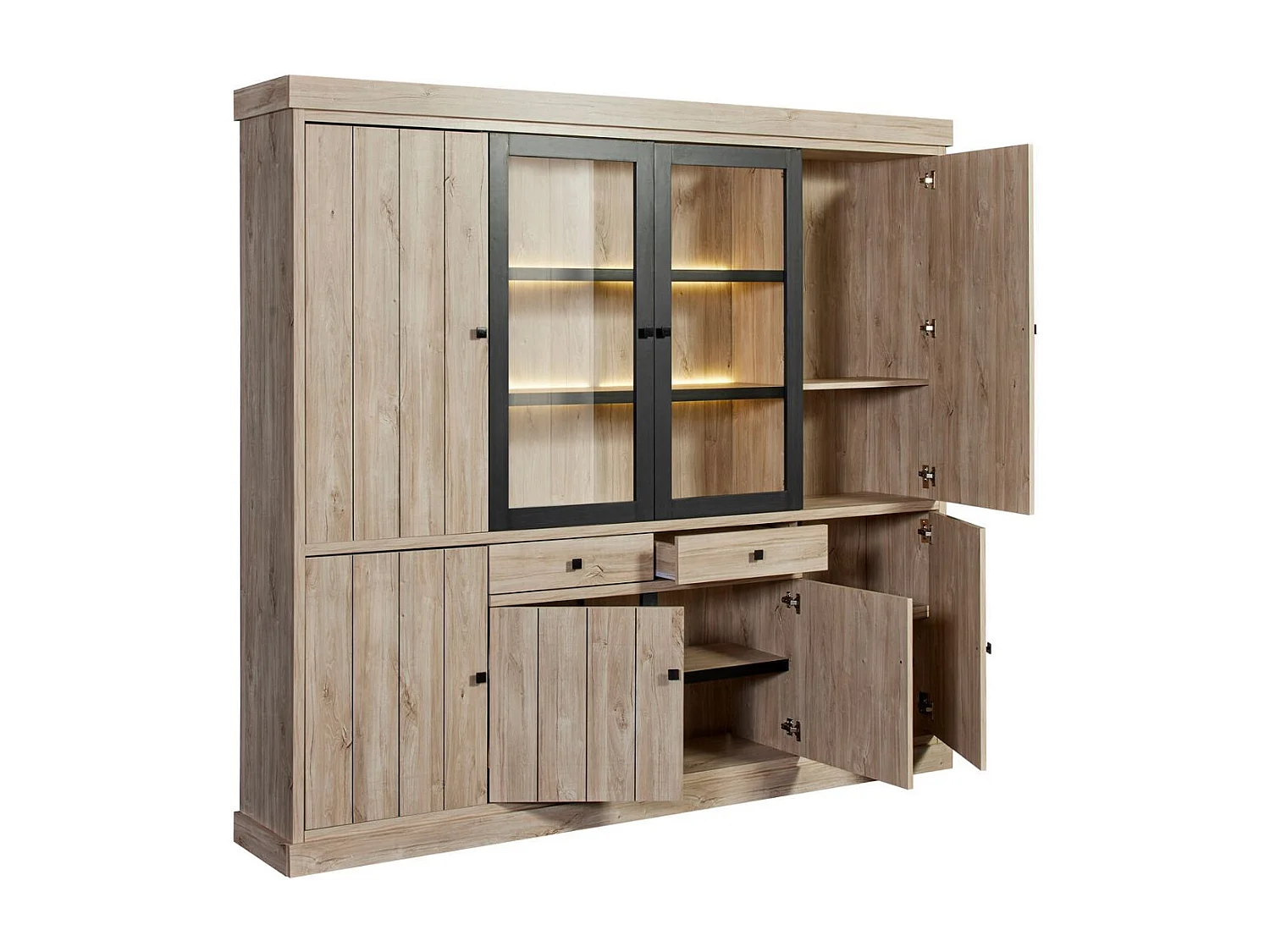 Bibliothèque 6 portes dont 2 vitrées et 2 tiroirs avec éclairage leds aspect bois finition Beach Oak - ROLYA