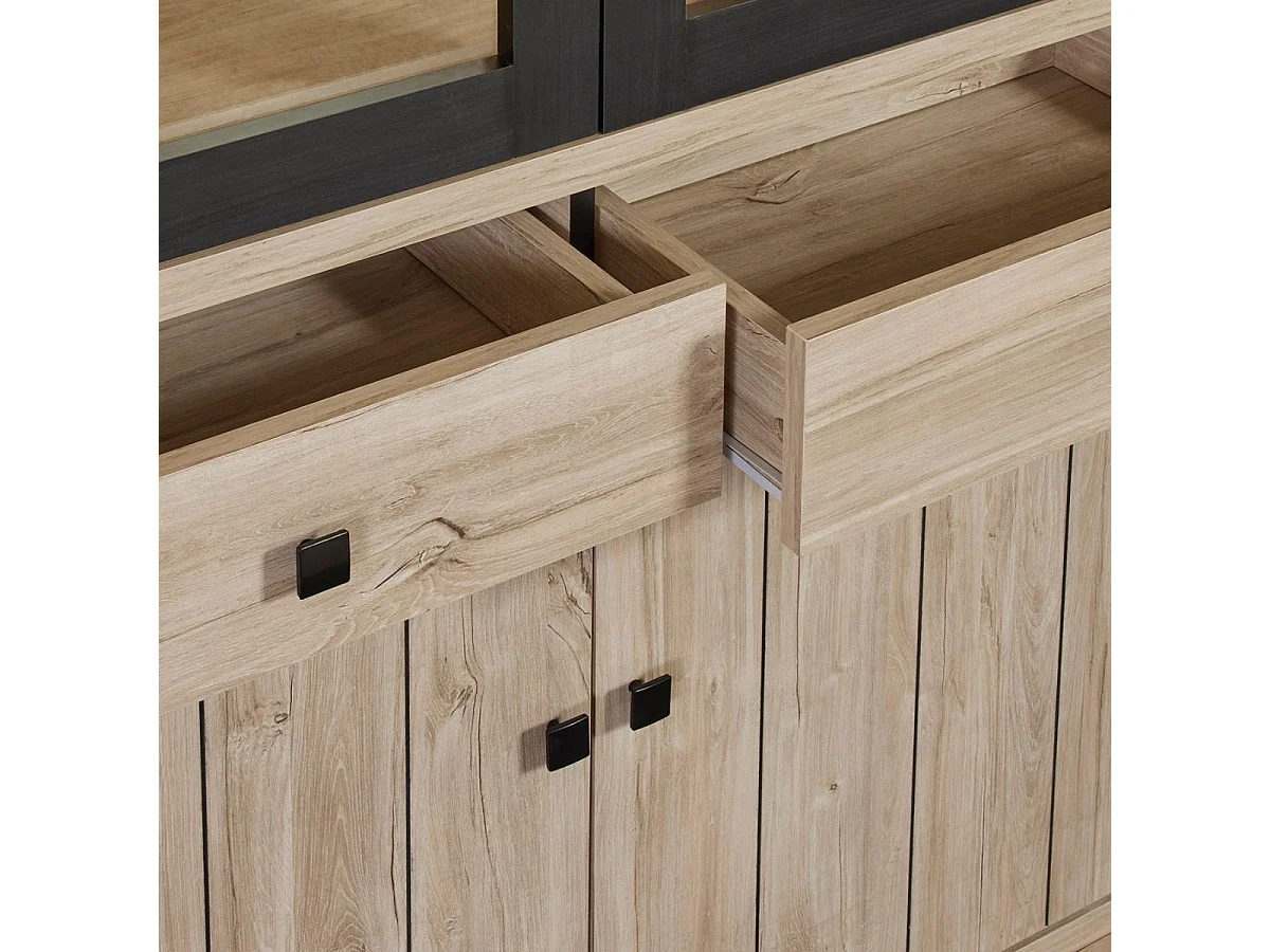 Bibliothèque 6 portes dont 2 vitrées et 2 tiroirs avec éclairage leds aspect bois finition Beach Oak - ROLYA