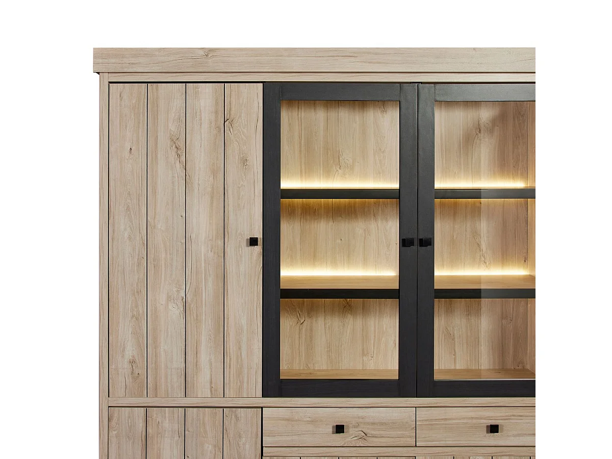 Bibliothèque 6 portes dont 2 vitrées et 2 tiroirs avec éclairage leds aspect bois finition Beach Oak - ROLYA