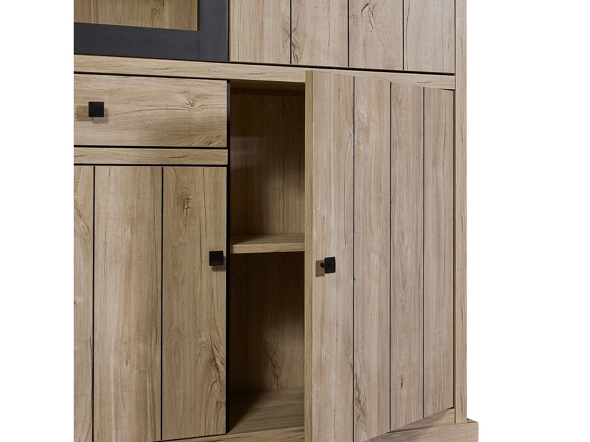 Bibliothèque 6 portes dont 2 vitrées et 2 tiroirs avec éclairage leds aspect bois finition Beach Oak - ROLYA