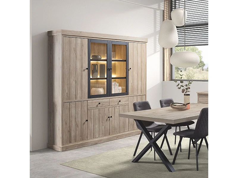 Bibliothèque 6 portes dont 2 vitrées et 2 tiroirs avec éclairage leds aspect bois finition Beach Oak - ROLYA