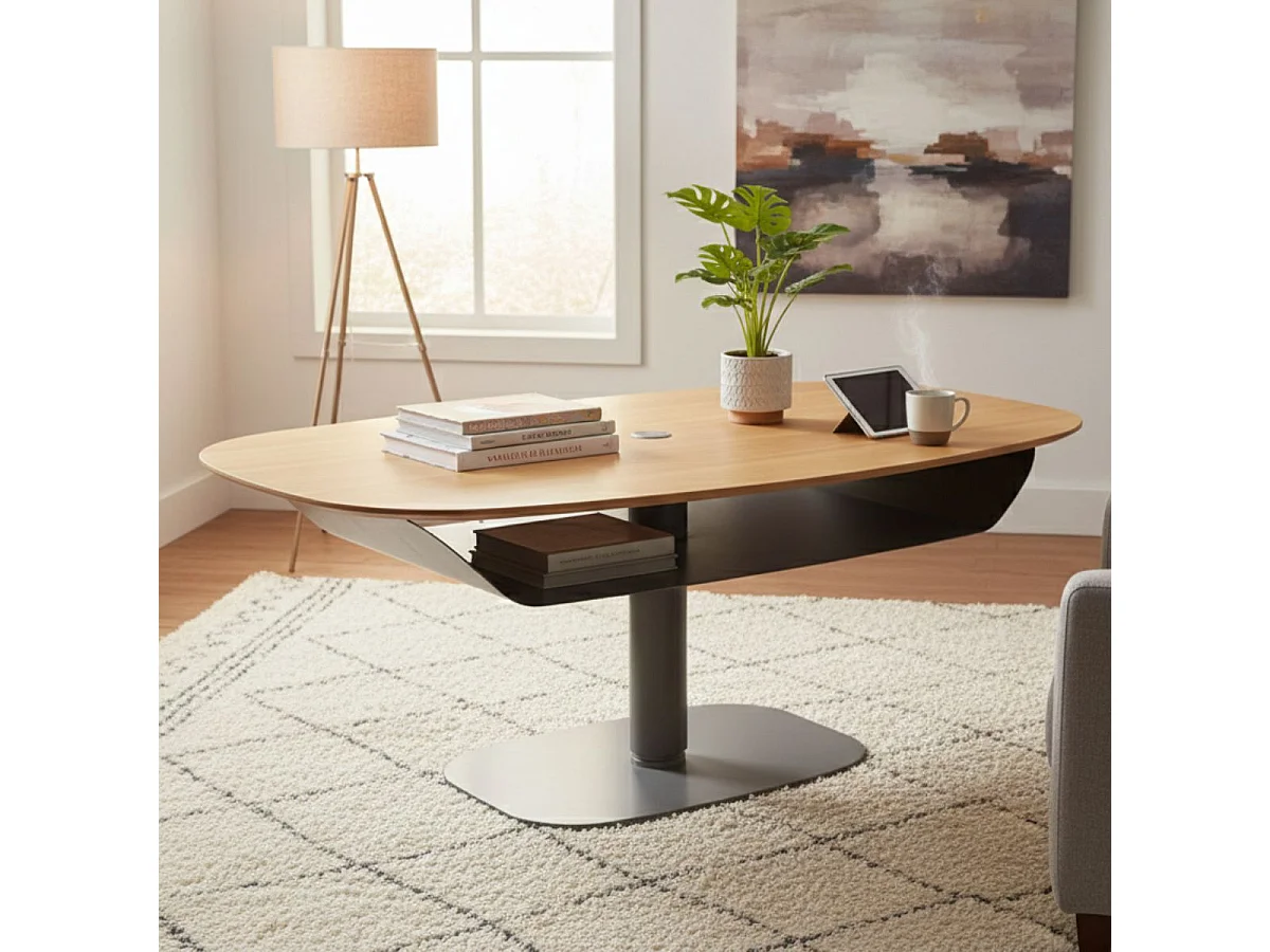 Table basse réglable en hauteur plateau MDF placage chêne pied central en métal laqué noir - ELEVIA