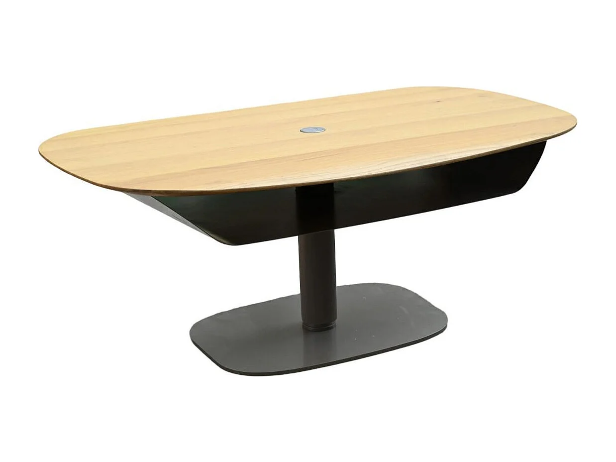 Table basse réglable en hauteur plateau MDF placage chêne pied central en métal laqué noir - ELEVIA