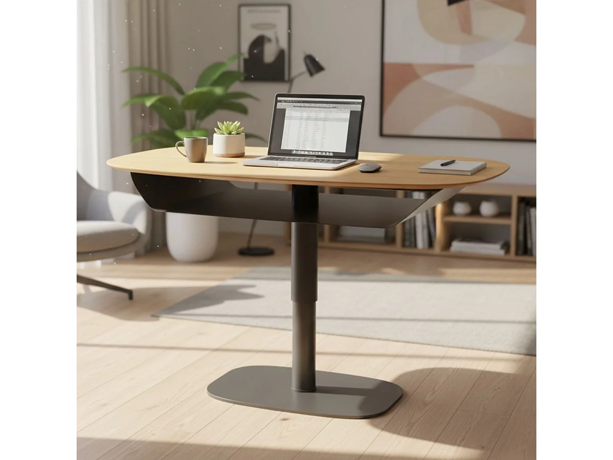 Table basse réglable en hauteur plateau MDF placage chêne pied central en métal laqué noir - ELEVIA