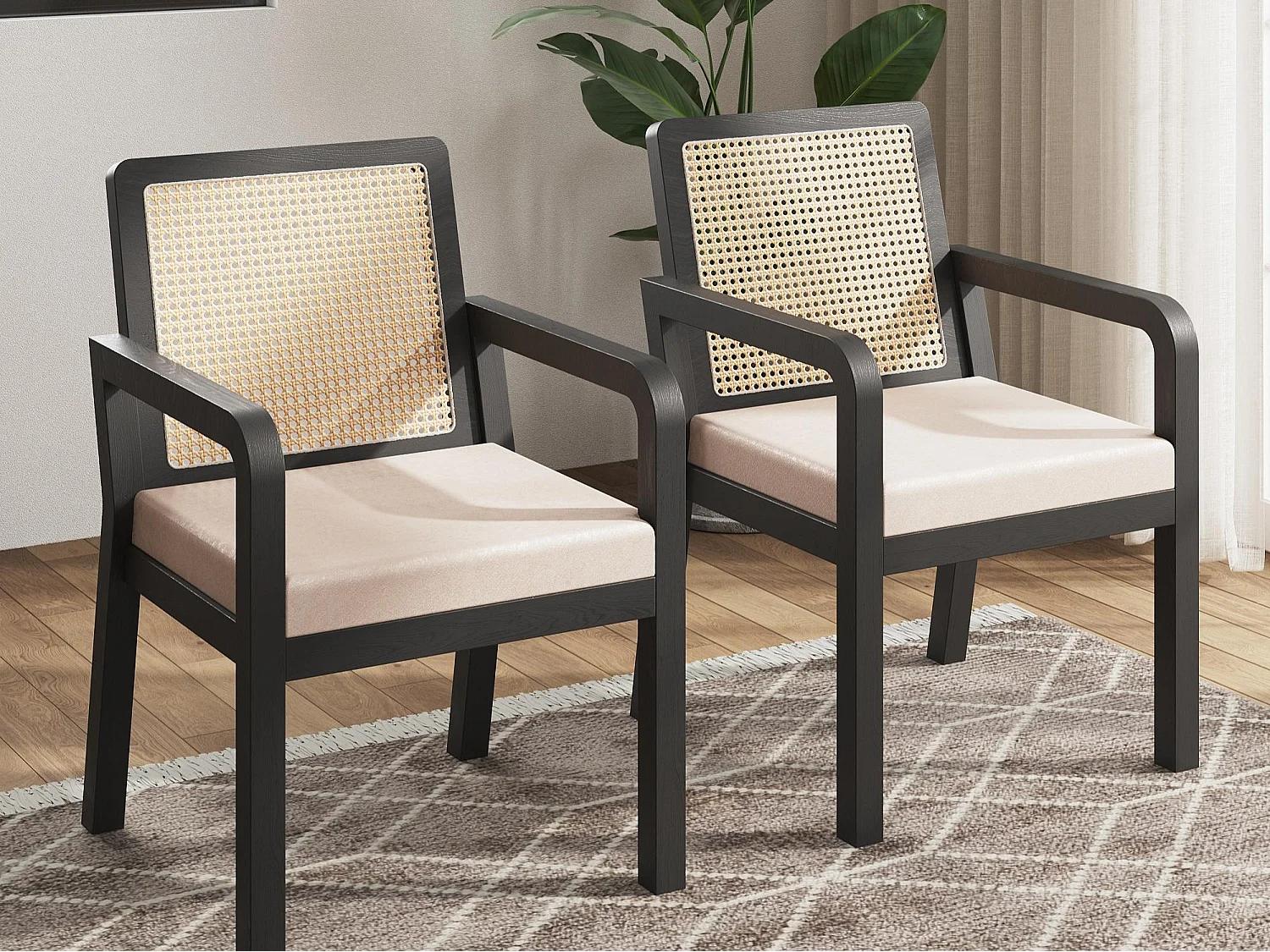 Set aus 2 Esstischstühlen - Sitzkissen aus Samt - mit Rattan-Rückenlehne und Hevea-Holzfüßen - Schwarz