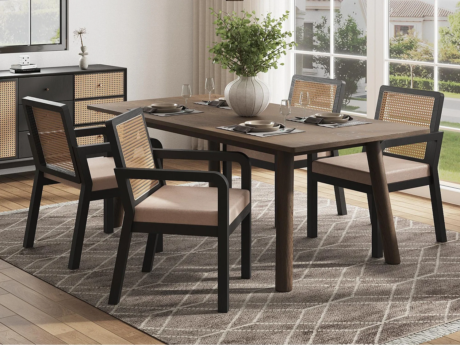 Set aus 4 Esstischstühlen - Sitzkissen aus Samt - mit Rattan-Rückenlehne und Hevea-Holzfüßen - Schwarz