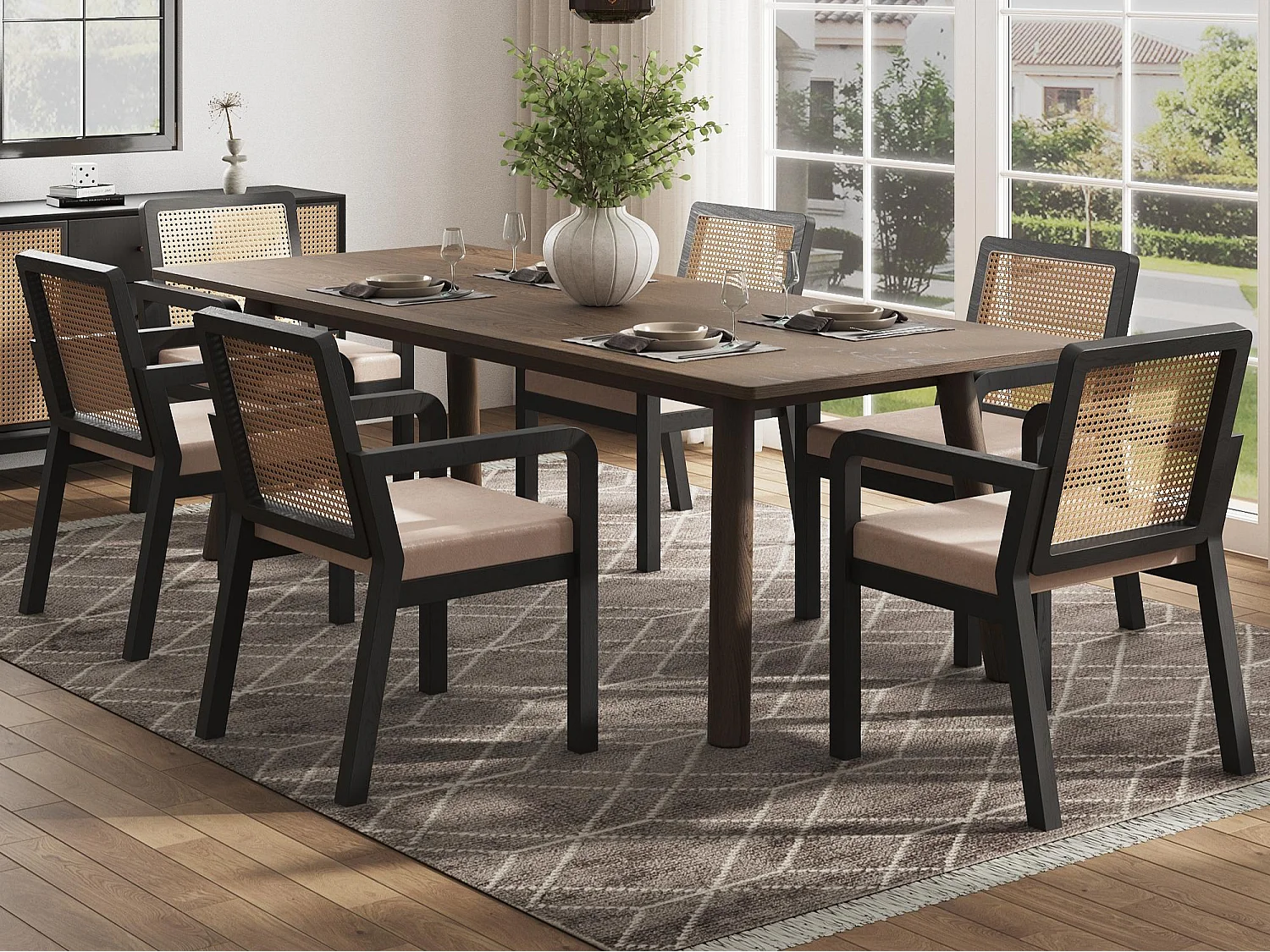 Set aus 6 Esstischstühlen - Sitzkissen aus Samt - mit Rattan-Rückenlehne und Hevea-Holzfüßen - Schwarz