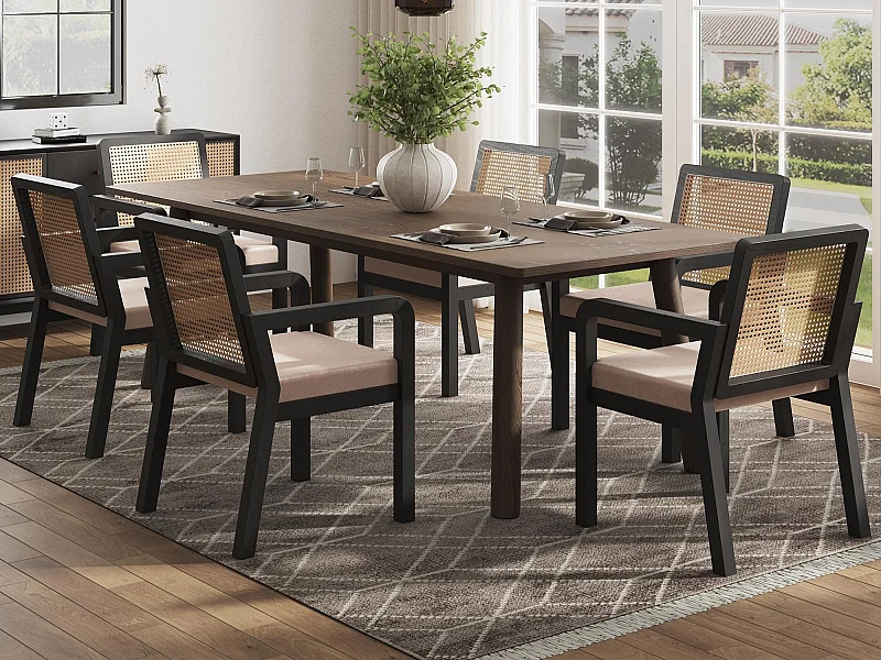 Set aus 6 Esstischstühlen - Sitzkissen aus Samt - mit Rattan-Rückenlehne und Hevea-Holzfüßen - Schwarz