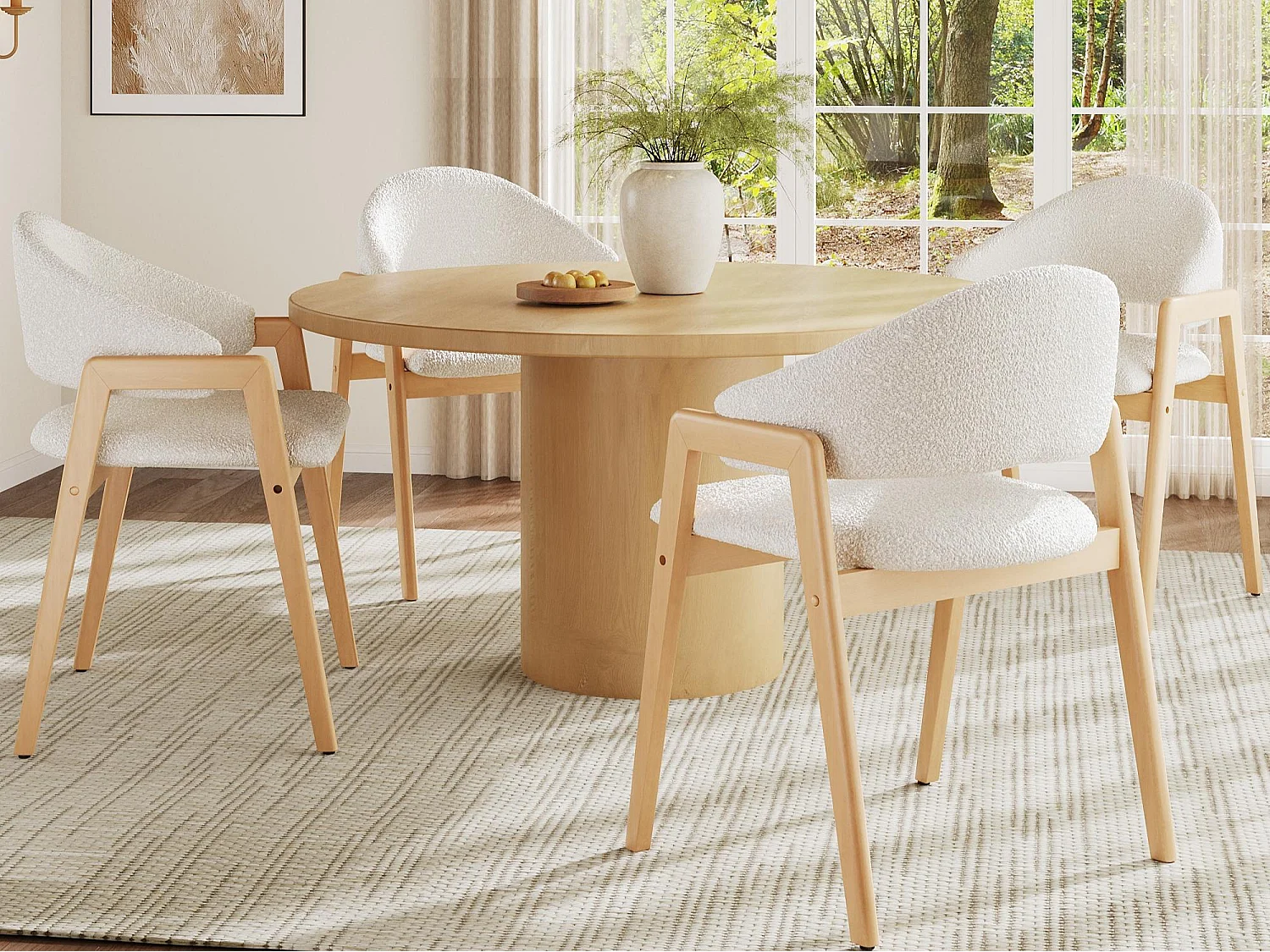 Set aus 4 Esstischstühlen - Kunstwollstoff - Hevea-Holz - moderner Stil - weiß