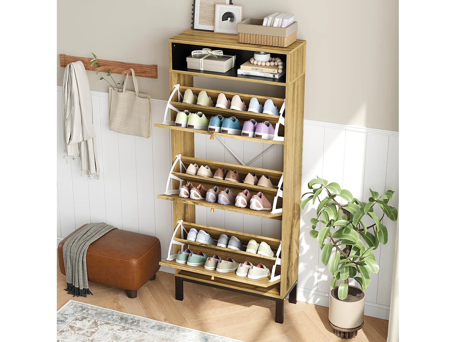 Schuhschrank 63x24x147 cm - 3 Türen und mehrere Regale - Holzoptik - MDF - natur