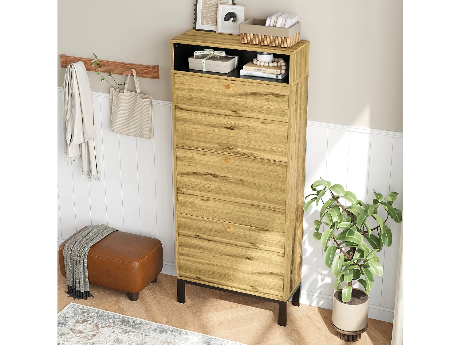 Schuhschrank 63x24x147 cm - 3 Türen und mehrere Regale - Holzoptik - MDF - natur