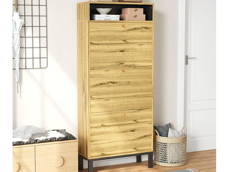 Schuhschrank 63x24x147 cm - 3 Türen und mehrere Regale - Holzoptik - MDF - natur