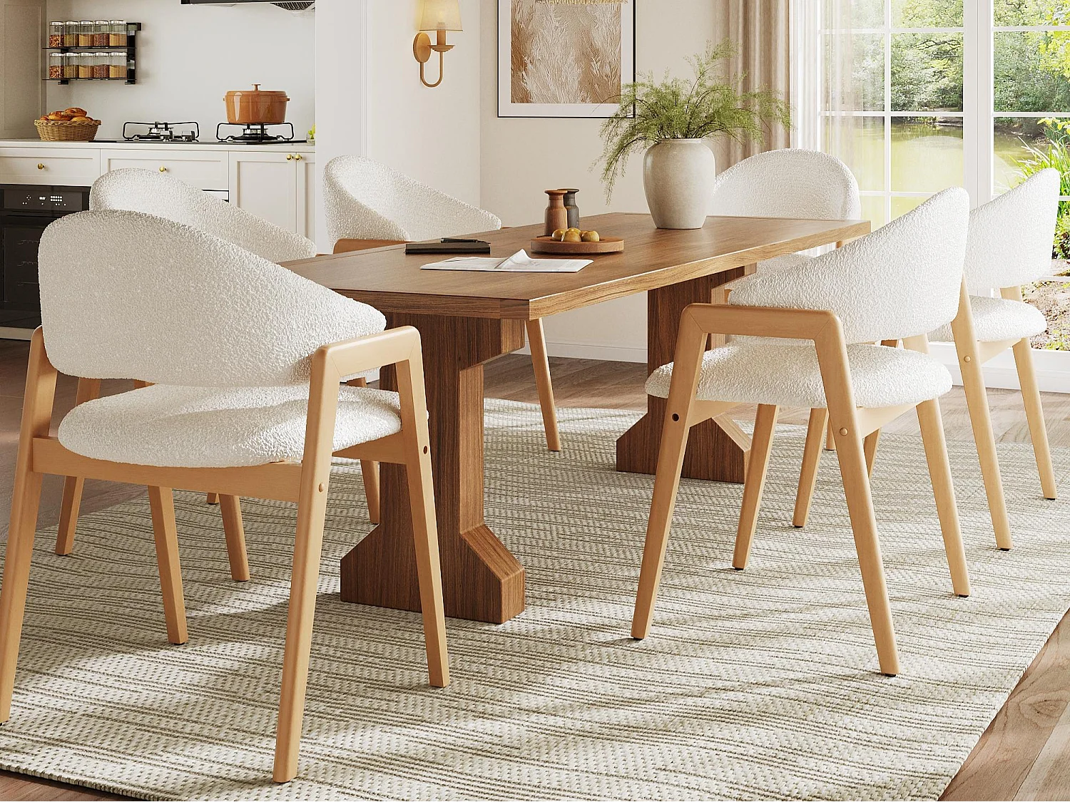 Set aus 6 Esstischstühlen - Kunstwollstoff - Hevea-Holz - moderner Stil - weiß