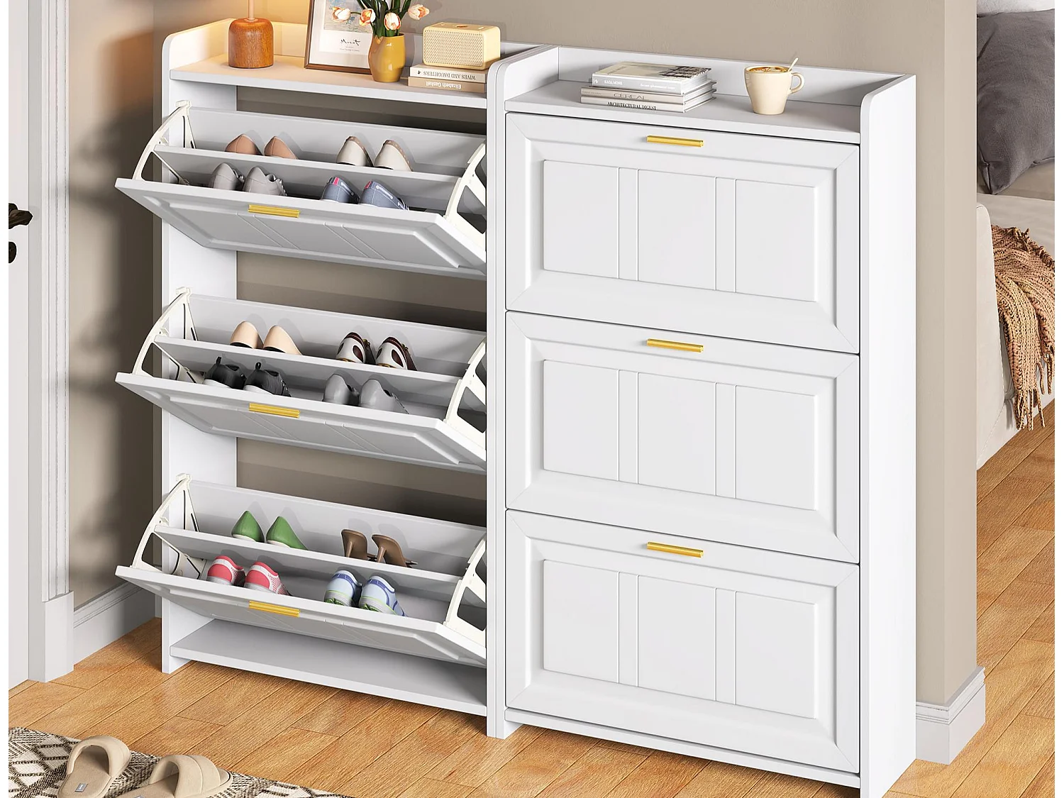 Set aus 2 Schuhschränken 140x24x120 cm - 6 Klapptüren - 12 Fächer - MDF und Spanplatten - Weiß