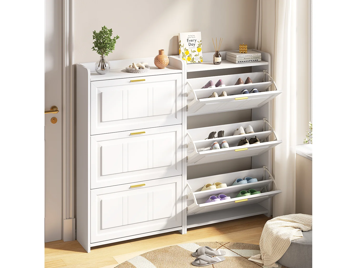 Set aus 2 Schuhschränken 140x24x120 cm - 6 Klapptüren - 12 Fächer - MDF und Spanplatten - Weiß