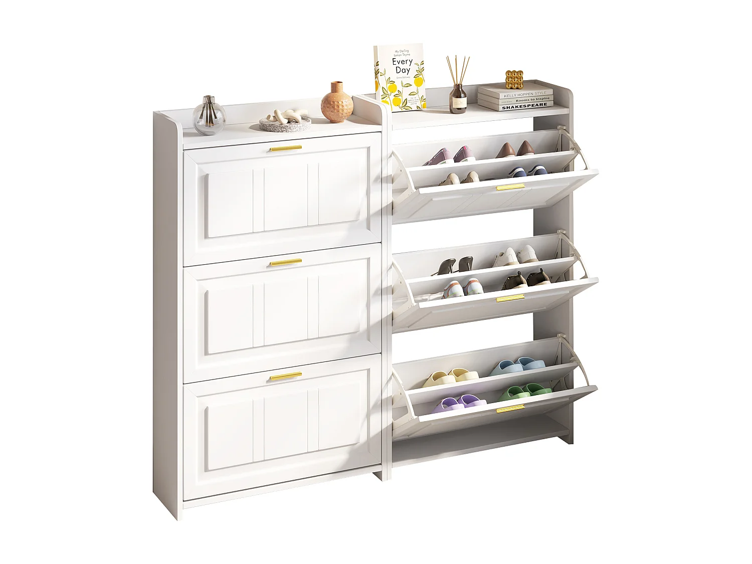 Set aus 2 Schuhschränken 140x24x120 cm - 6 Klapptüren - 12 Fächer - MDF und Spanplatten - Weiß