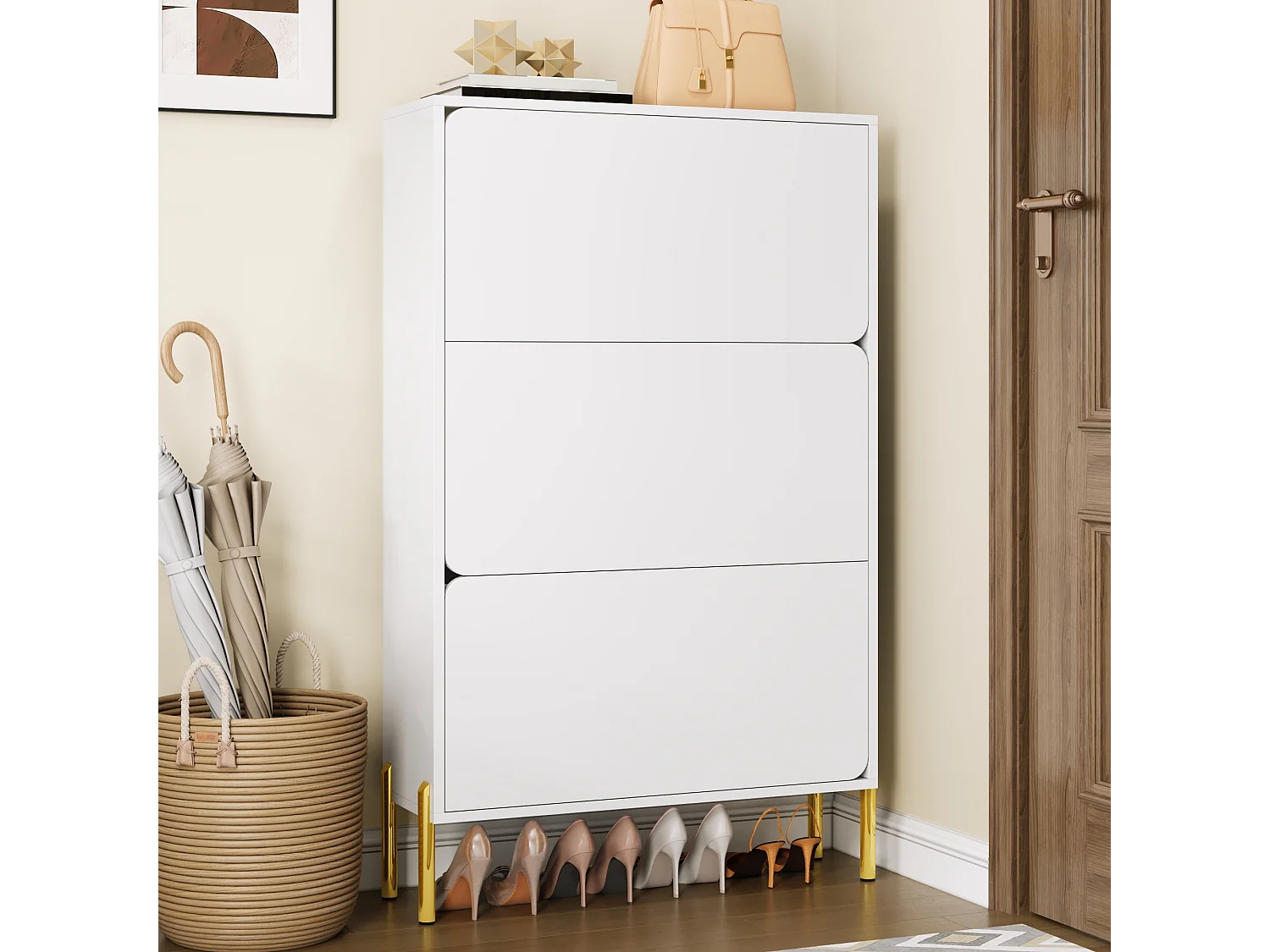 Moderner Schuhschrank 73x24x120 cm - 3 Türen - 6-stufiges Schuhregal - goldfarbene Füße - MDF - weiß