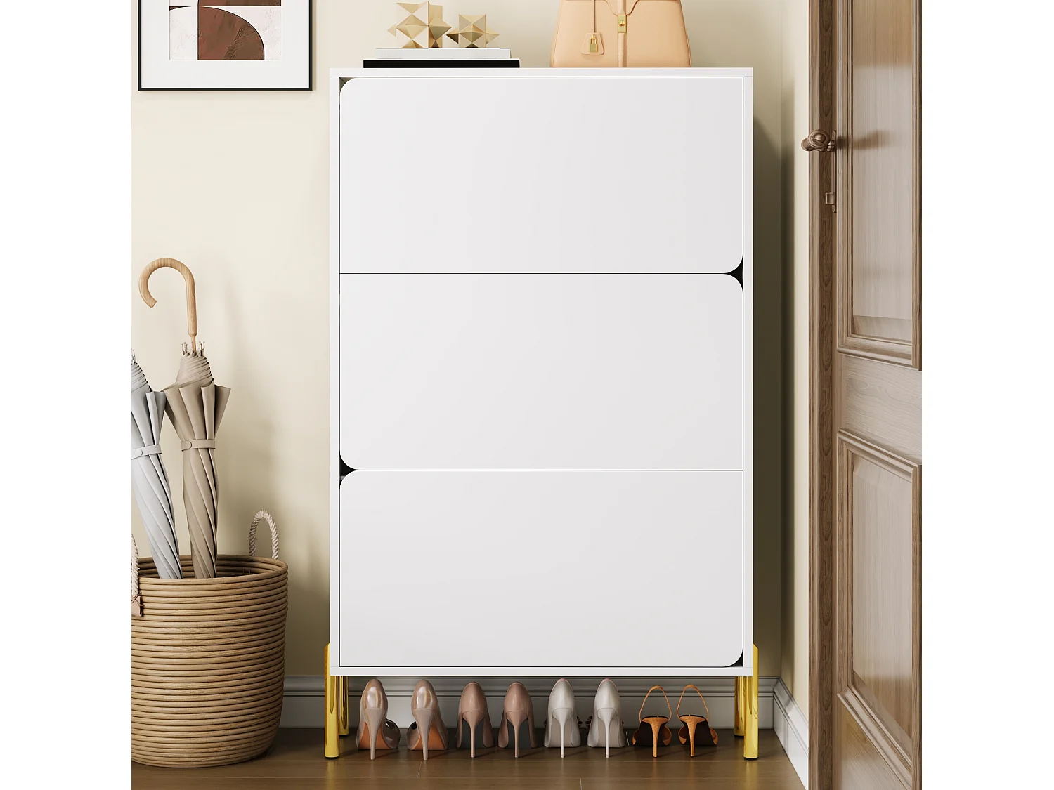 Moderner Schuhschrank 73x24x120 cm - 3 Türen - 6-stufiges Schuhregal - goldfarbene Füße - MDF - weiß