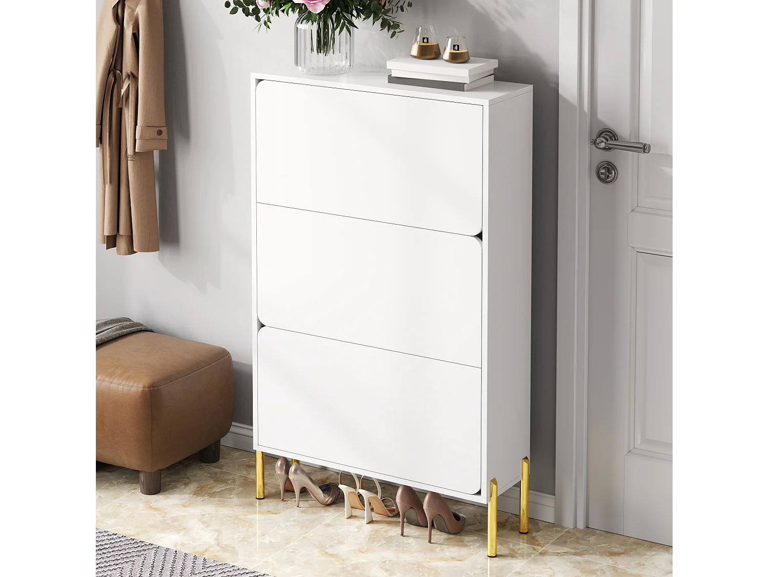 Moderner Schuhschrank 73x24x120 cm - 3 Türen - 6-stufiges Schuhregal - goldfarbene Füße - MDF - weiß