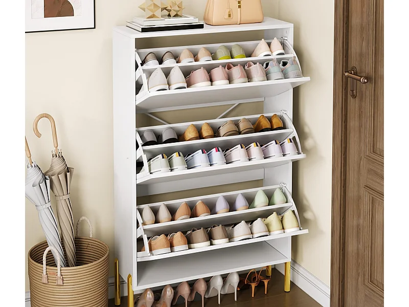 Moderner Schuhschrank 73x24x120 cm - 3 Türen - 6-stufiges Schuhregal - goldfarbene Füße - MDF - weiß