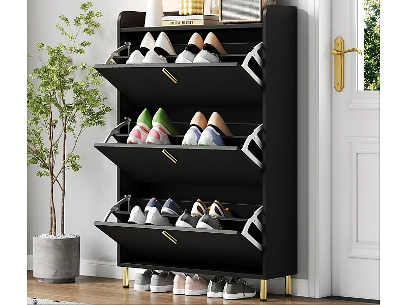 Schuhschrank 80x23,5x123,5 cm - 3 Türen - 6 Fächer - Höhenverstellbar - MDF - Schwarz