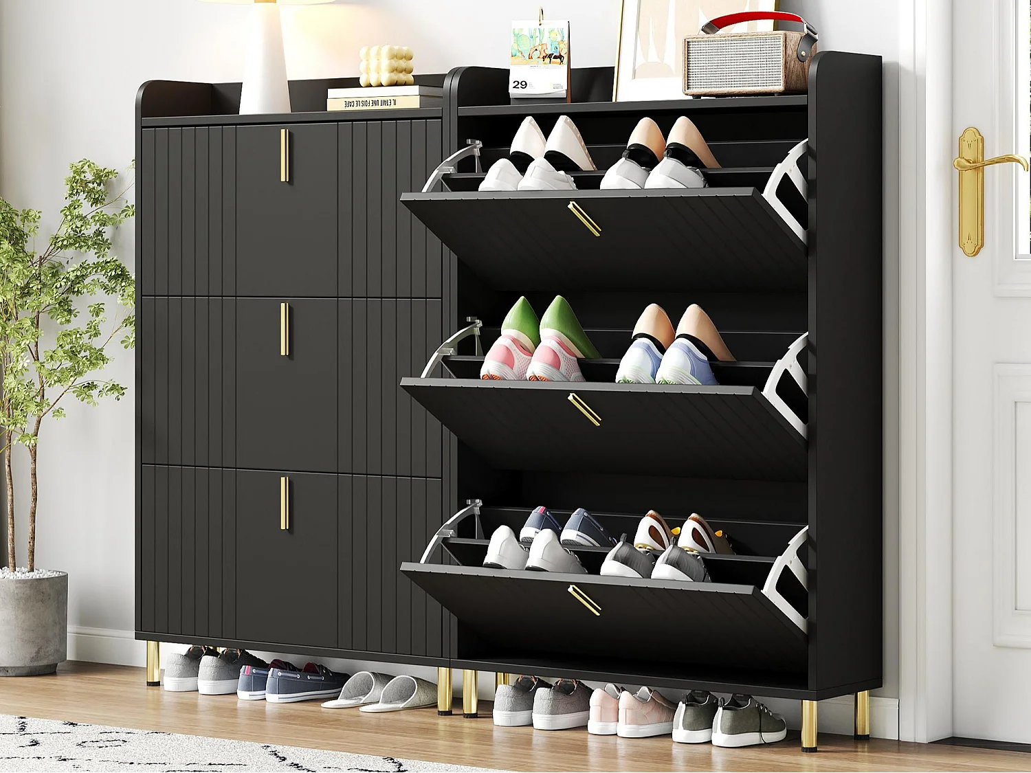 Set aus 2 Schuhschränken 160x23,5x123,5 cm - 6 Türen - 12 Fächer - Höhenverstellbar - MDF - Schwarz