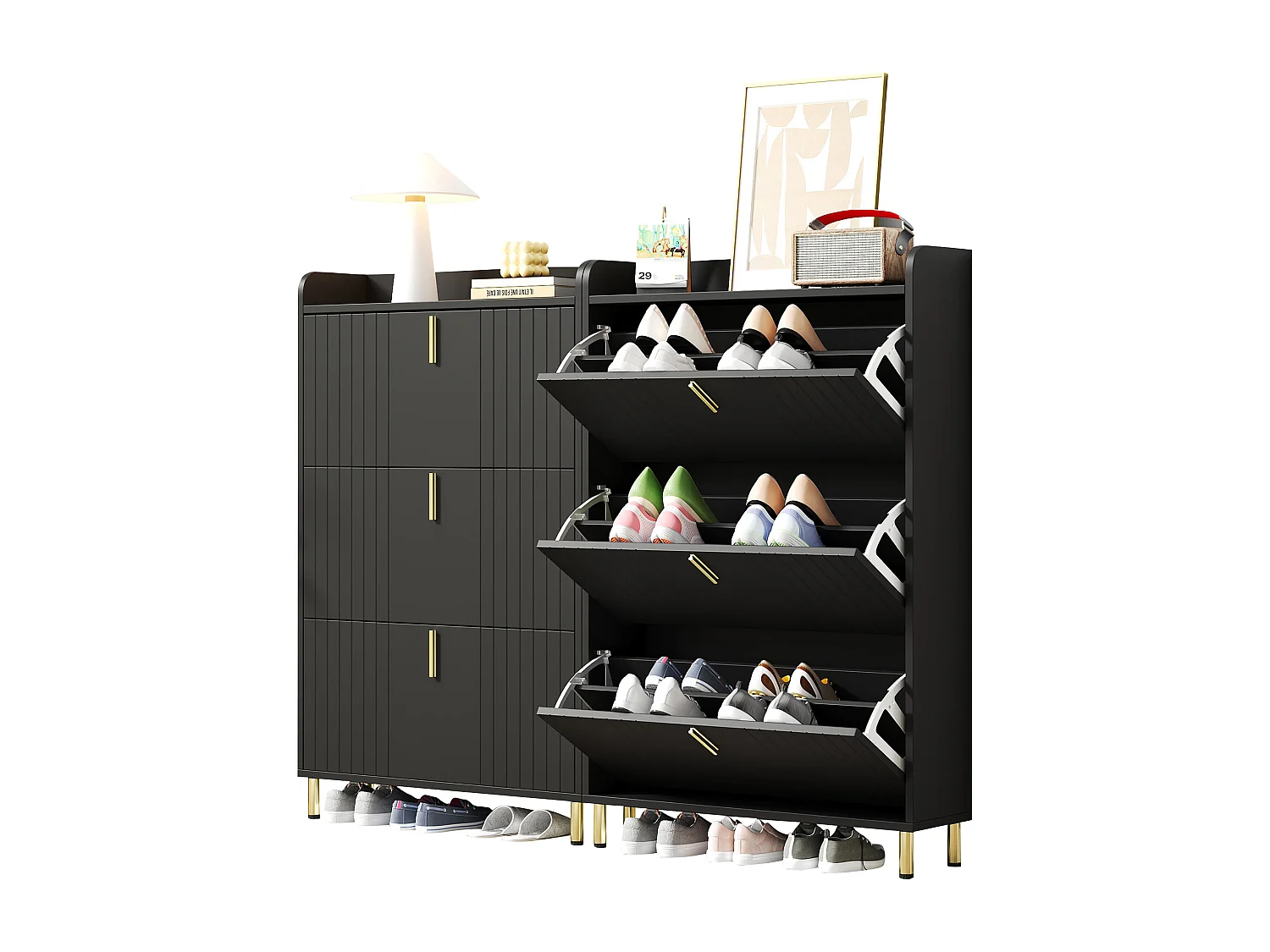 Set aus 2 Schuhschränken 160x23,5x123,5 cm - 6 Türen - 12 Fächer - Höhenverstellbar - MDF - Schwarz