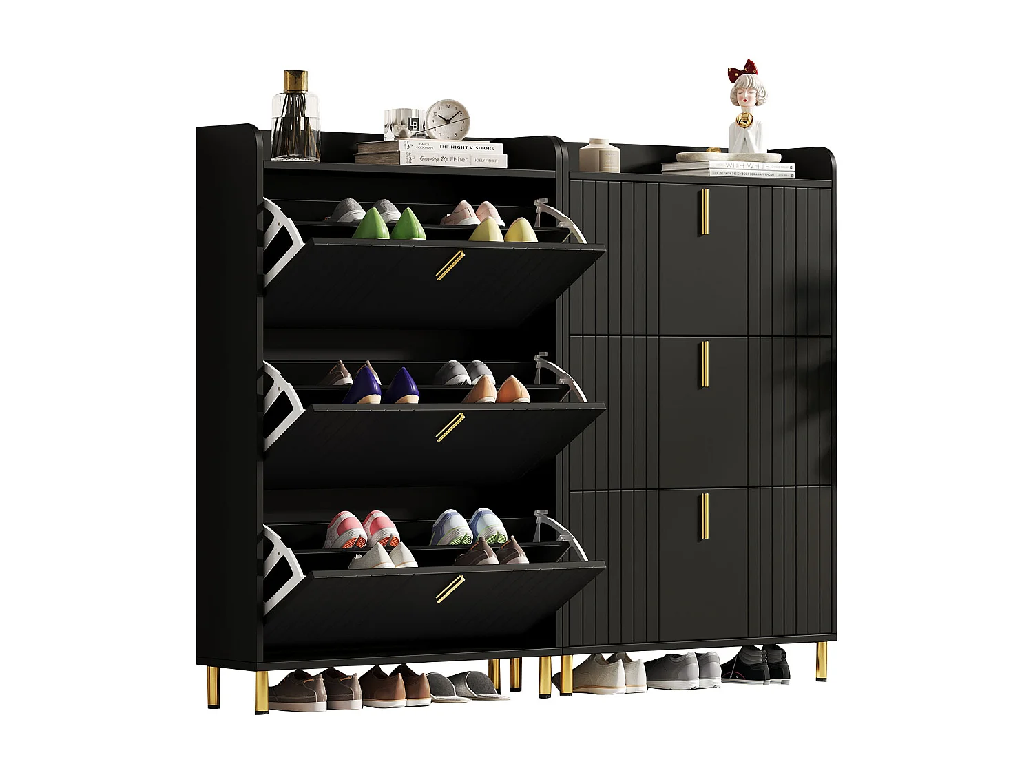 Set aus 2 Schuhschränken 160x23,5x123,5 cm - 6 Türen - 12 Fächer - Höhenverstellbar - MDF - Schwarz