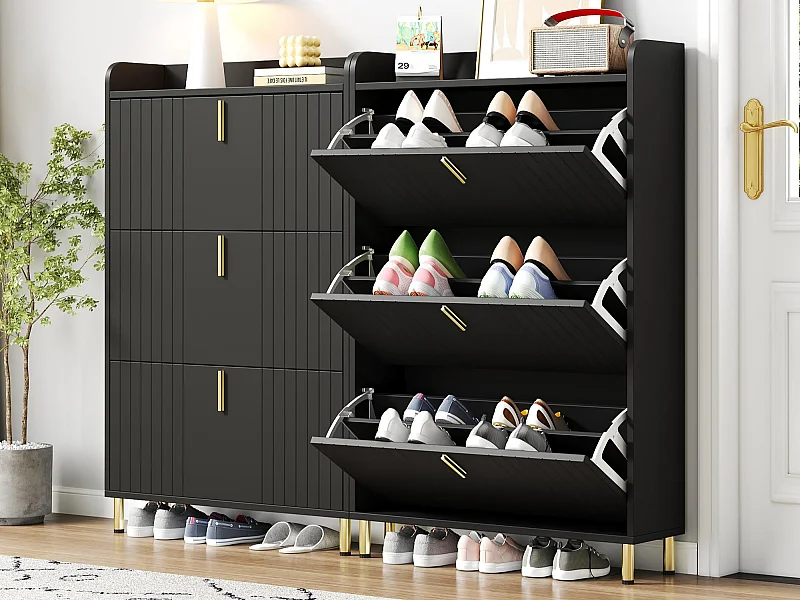 Set aus 2 Schuhschränken 160x23,5x123,5 cm - 6 Türen - 12 Fächer - Höhenverstellbar - MDF - Schwarz