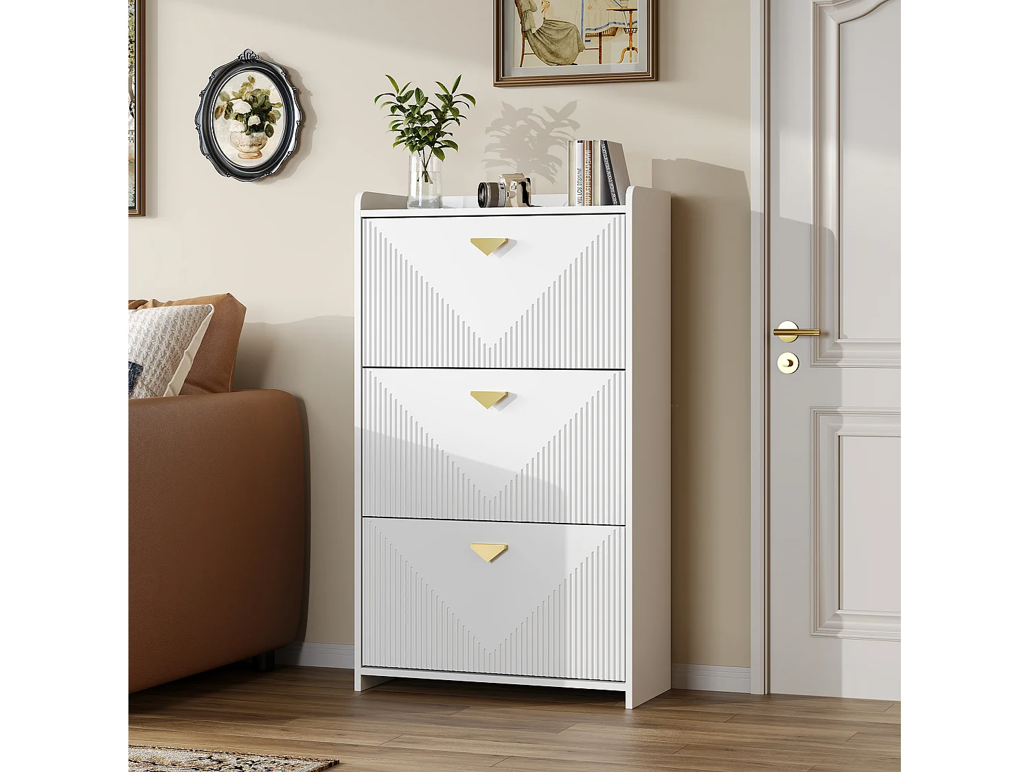 Schuhschrank 70x30x120 cm - 3 Klapptüren - 6 Staufächer - MDF - Weiß