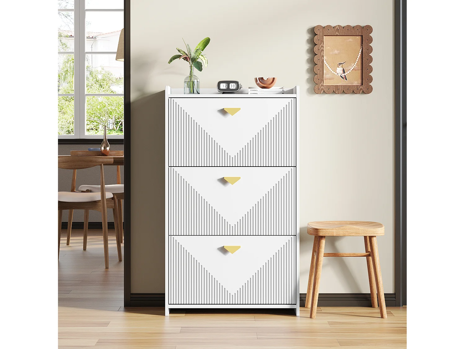 Schuhschrank 70x30x120 cm - 3 Klapptüren - 6 Staufächer - MDF - Weiß