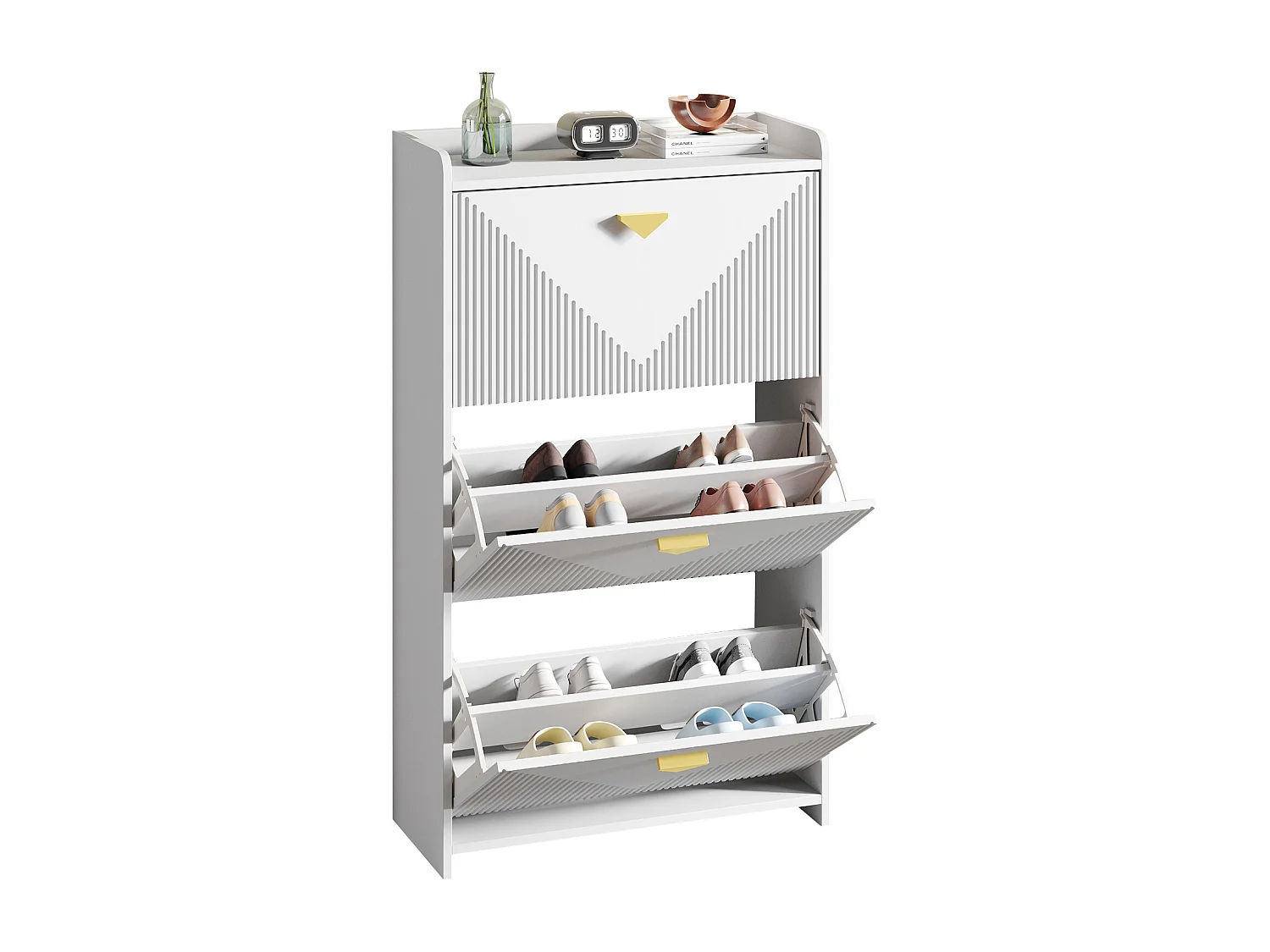 Schuhschrank 70x30x120 cm - 3 Klapptüren - 6 Staufächer - MDF - Weiß