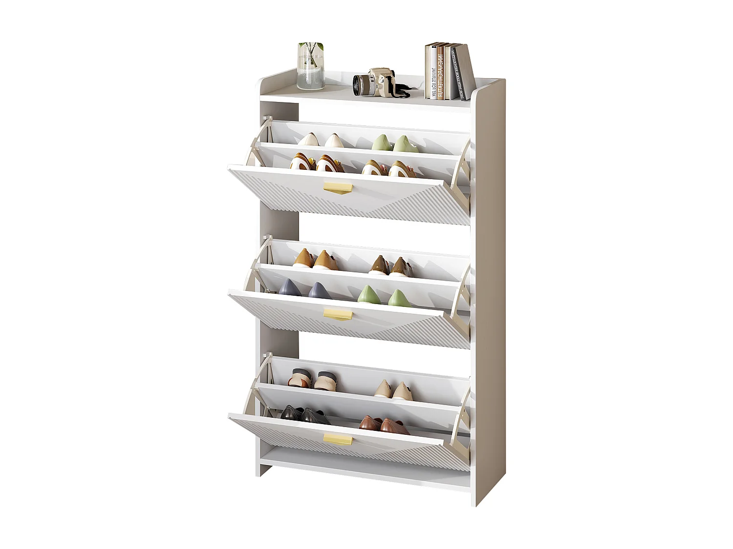 Schuhschrank 70x30x120 cm - 3 Klapptüren - 6 Staufächer - MDF - Weiß