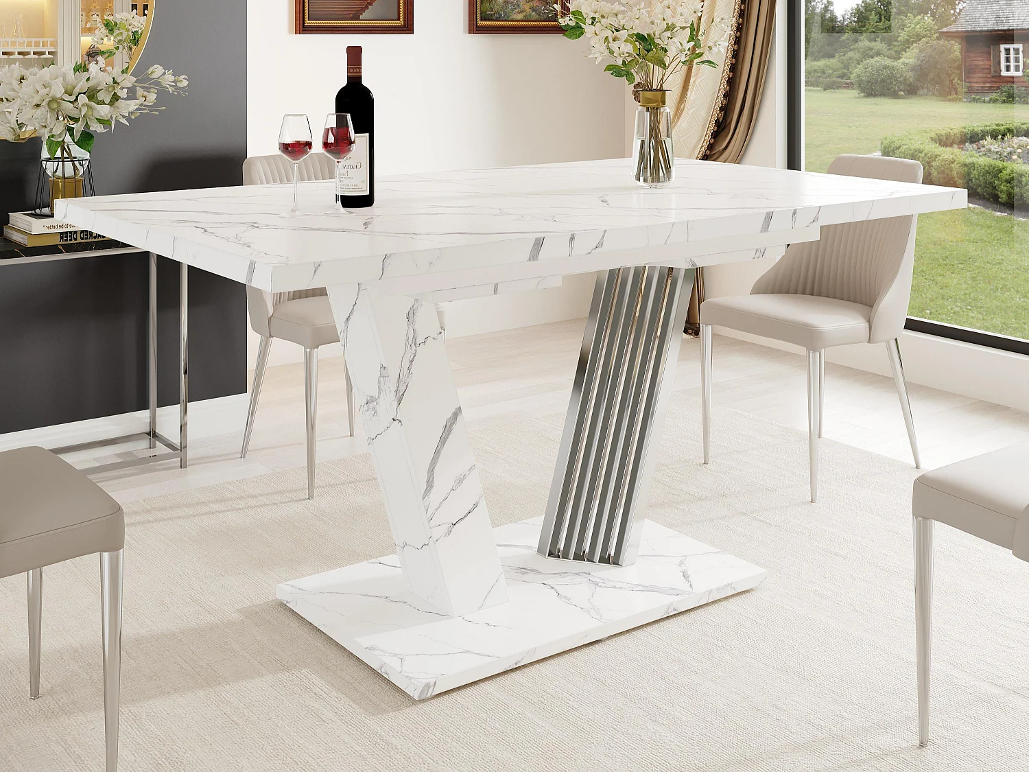 Table à manger extensible 120/160x80x76 cm - Pour 6 personnes - aspect marbré - MDF + métal - Blanc