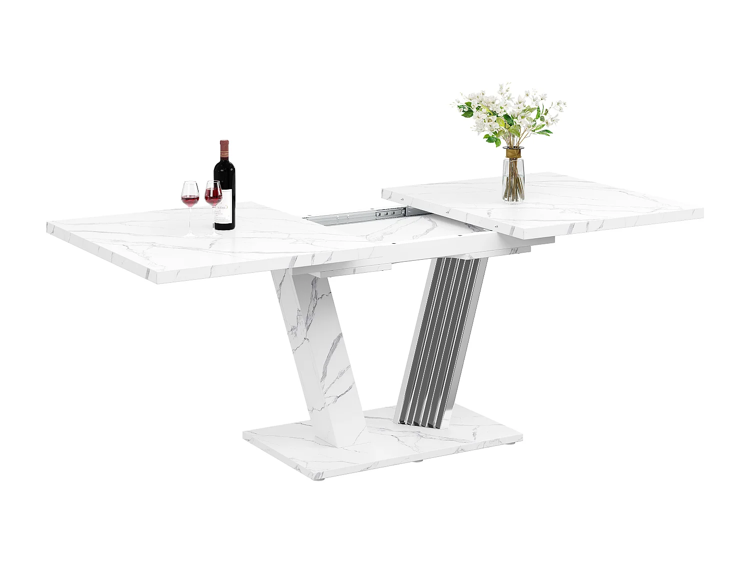Table à manger extensible 120/160x80x76 cm - Pour 6 personnes - aspect marbré - MDF + métal - Blanc
