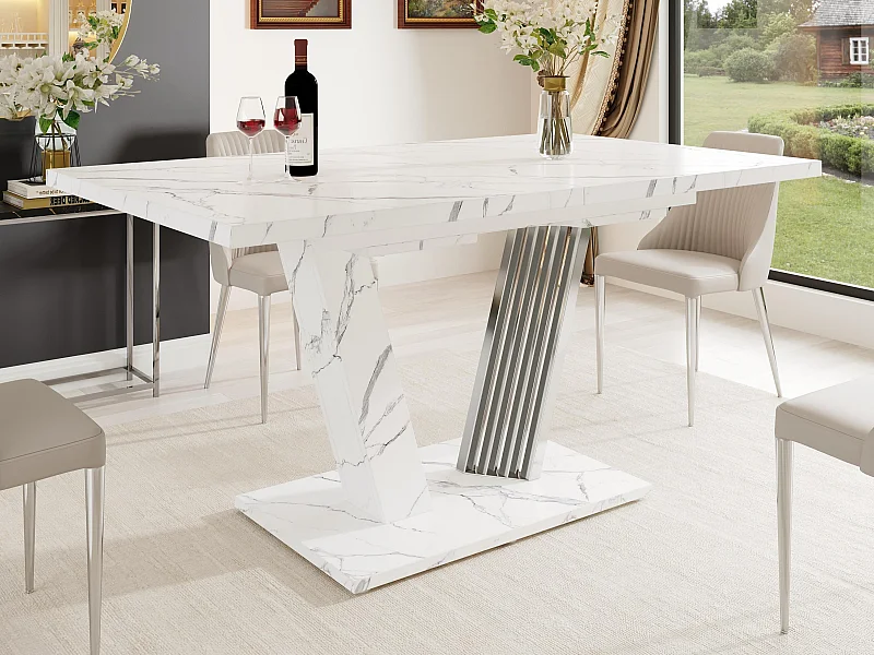 Table à manger extensible 120/160x80x76 cm - Pour 6 personnes - aspect marbré - MDF + métal - Blanc