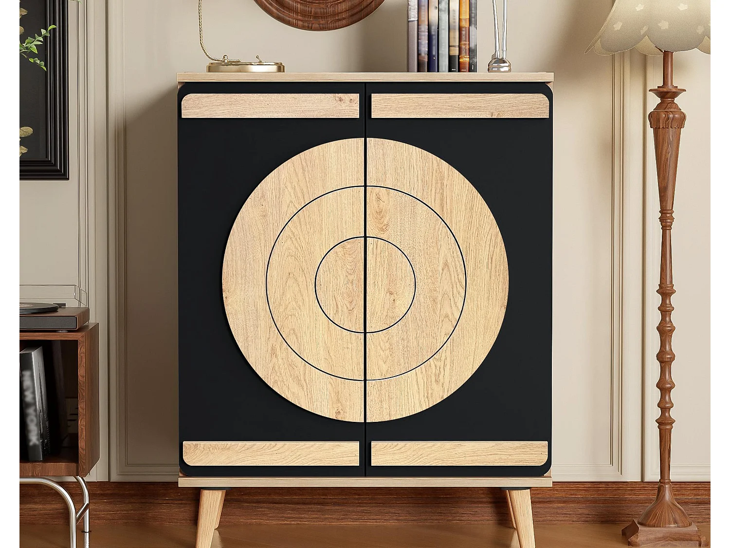 Moderner Schuhschrank 76x37x98,5 cm - mit 2 Türen - Mehrstufiges Aufbewahrungssystem - Holzfüße - Schwarz und natur