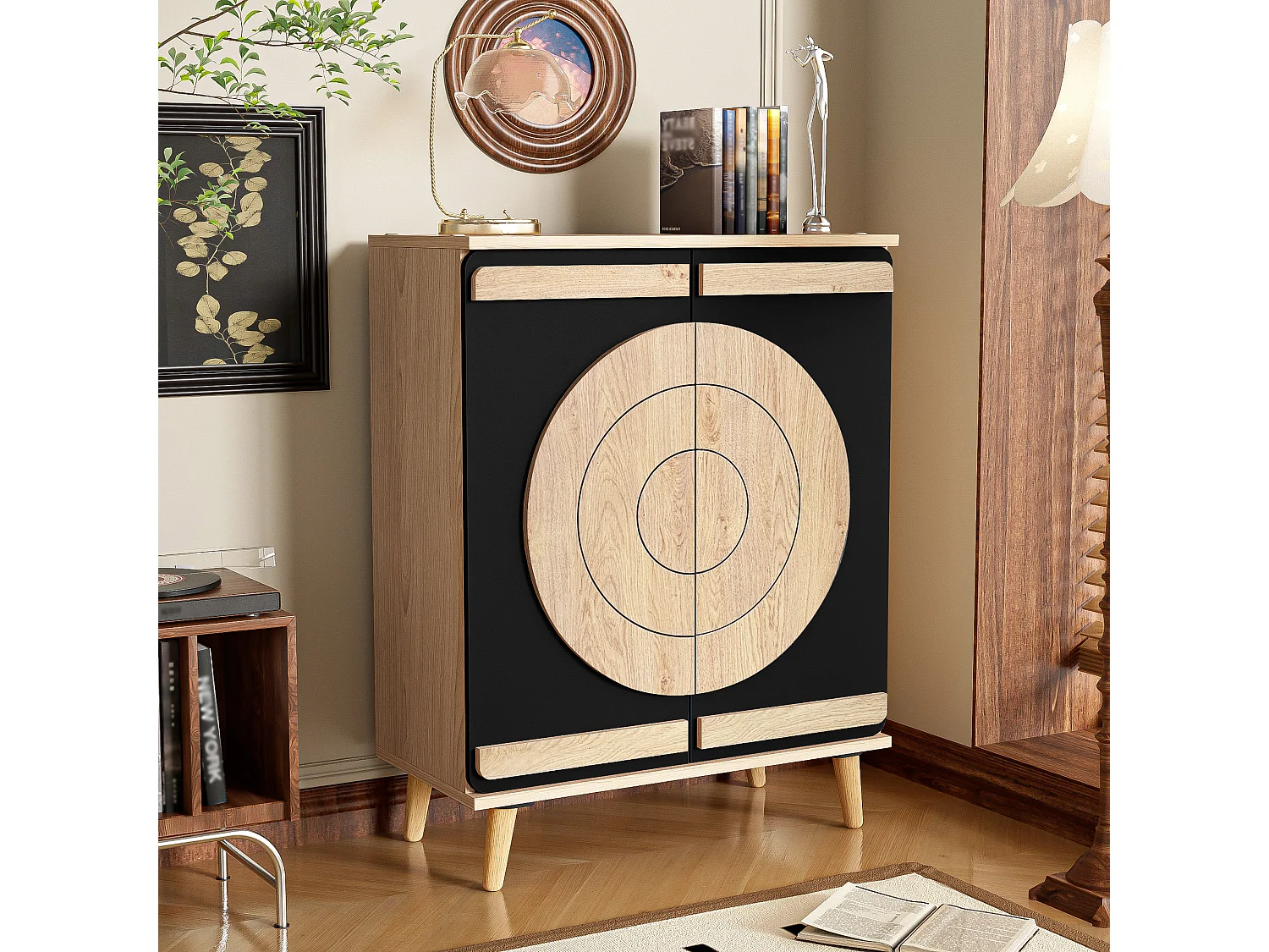 Moderner Schuhschrank 76x37x98,5 cm - mit 2 Türen - Mehrstufiges Aufbewahrungssystem - Holzfüße - Schwarz und natur