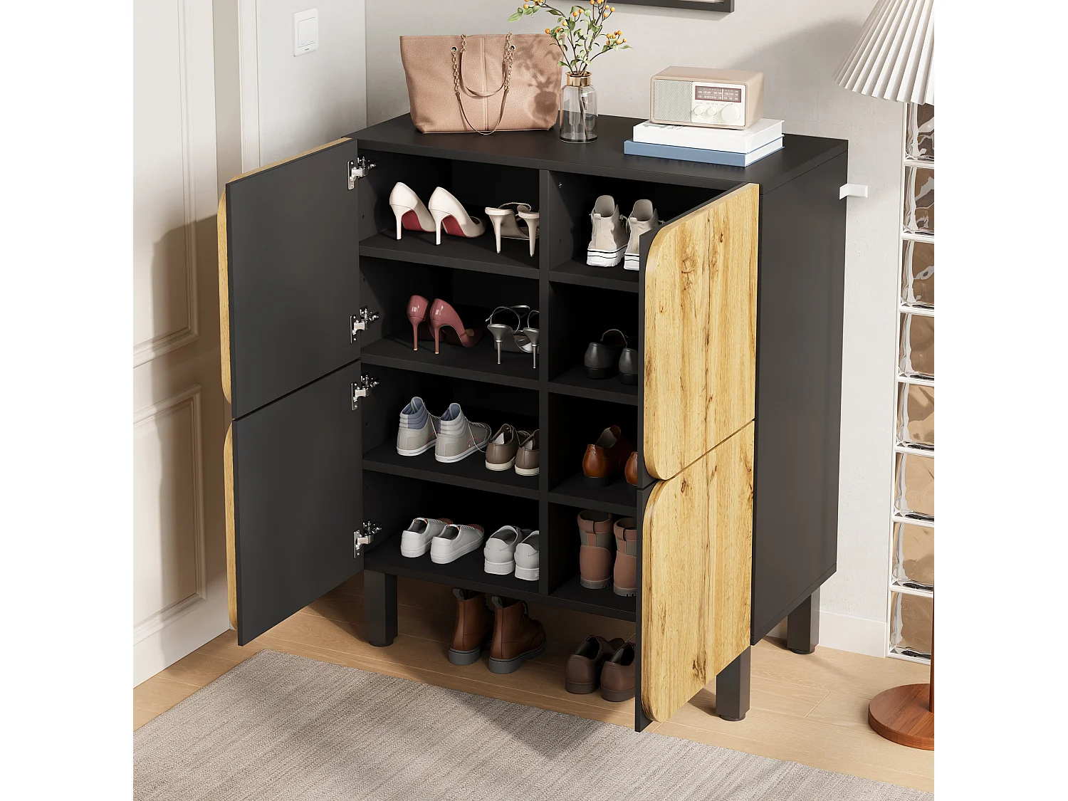 Schuhschrank 80x38,5x95 cm - mit 4 Türen - Höhenverstellbare Regale - Füße aus schwarzem Eisen - Natur und schwarz