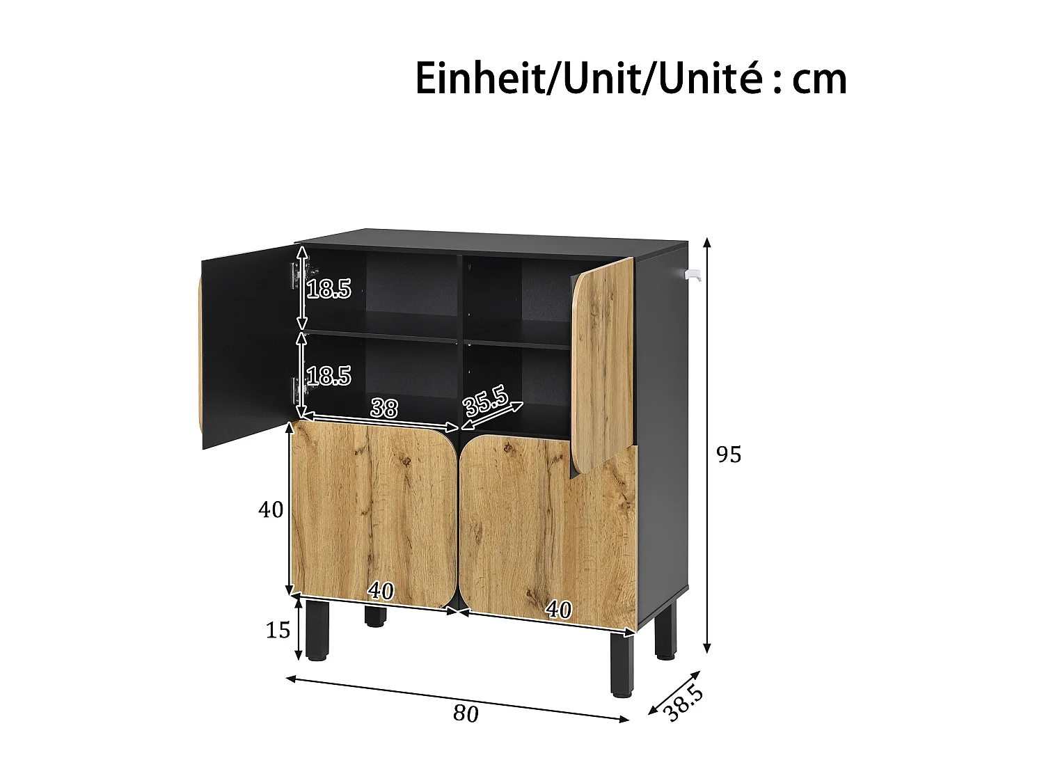 Schuhschrank 80x38,5x95 cm - mit 4 Türen - Höhenverstellbare Regale - Füße aus schwarzem Eisen - Natur und schwarz